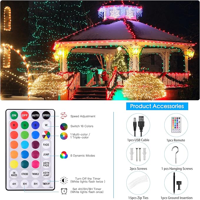 59Ft Solar String Lights Outdoor Waterproof 18 Colors Changing 150 LED Christmas Lights Solar Powered &amp USB with Remote Multicolor Fairy Lighting for Outside Tree Yard Indoor Halloween Decor