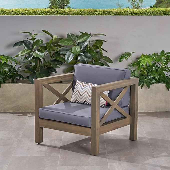 Mid-Century Modern Outdoor Club Chair with Acacia Wood Frame and Water-Resistant Cushions for Patio Garden Backyard Seating (Gray)