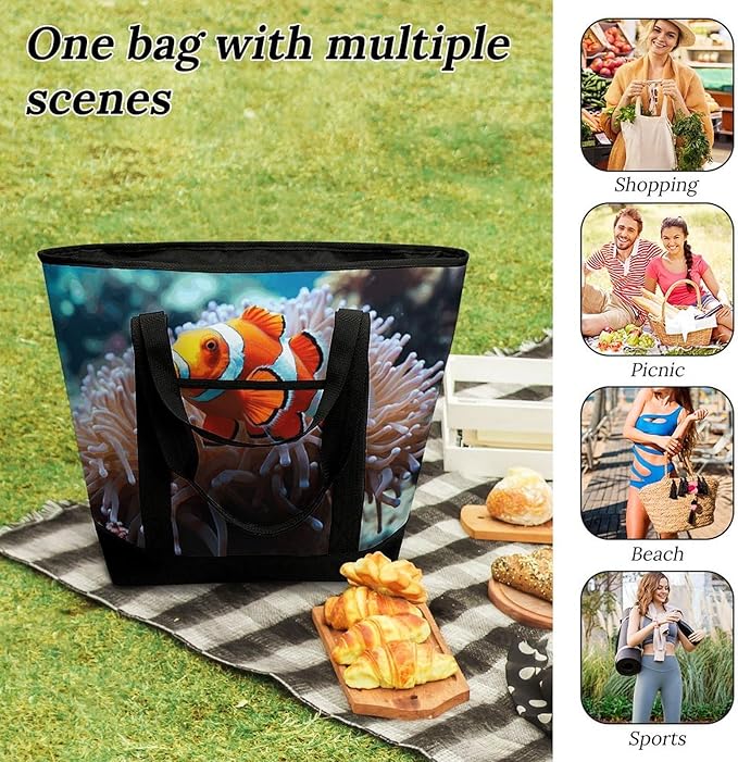 Insulated Shopping BagLarge Reusable Cooler Bags Clown Fish Printed Foldable Shopping BagTravel Waterproof Shoulder Bag
