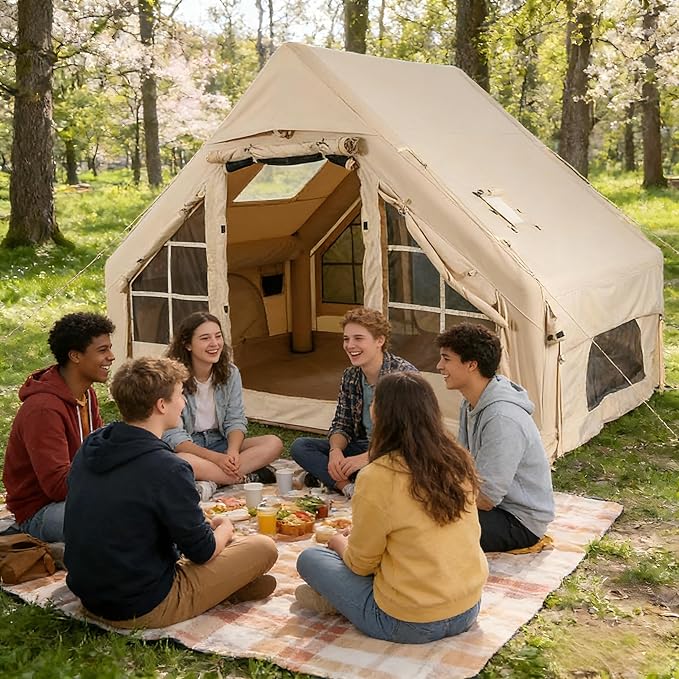 Large Inflatable Glamping Tent 4-6 Person Waterproof Camping Tent with Mesh Windows Easy Setup Air Tent for Family Outdoor Camping Hiking and Backyard (with Manual Air Pump)