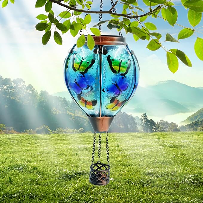 Glass Solar Hot Air Balloon Lantern with Flame Hanging Garden Flickering Light Outdoor Waterproof for Yard Patio Tree Mother's Day Gift Butterfly