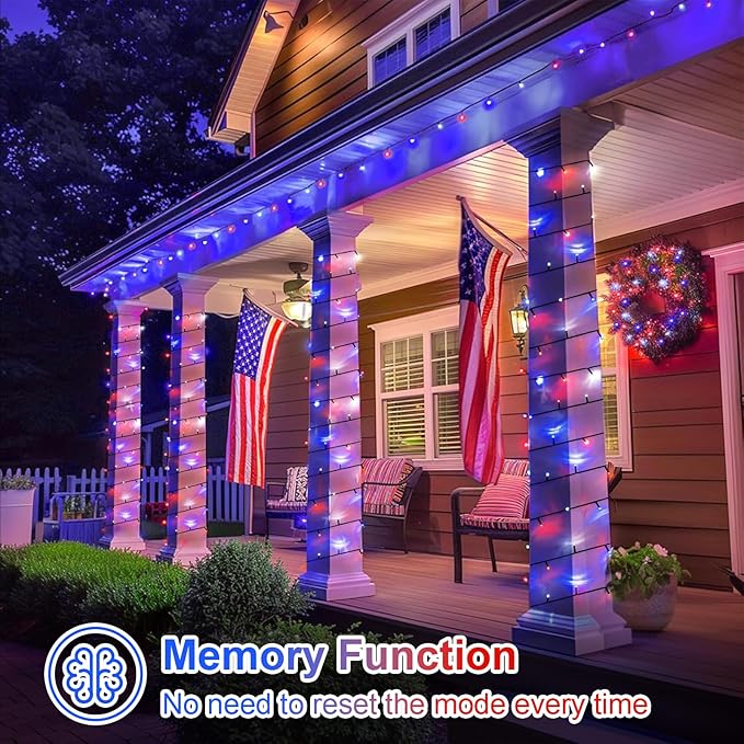 QITONG 500 LED Red White and Blue String Lights 165ft 4th of July Decorations Lights Plug in Outdoor Indoor 8 Modes Patriotic Light Green Wire for Independence Memorial Day Décor