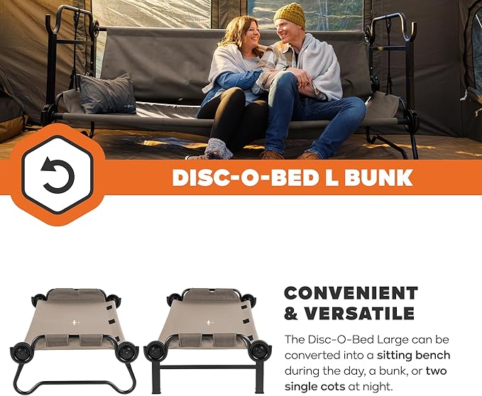 Disc-O-Bed Large Portable Bunk Camping Cots with Carry Bags - Heavy-Duty Indoor or Outdoor Sleeping System Converts to Bench or Separate Beds 500 lb Weight Capacity Per Cot