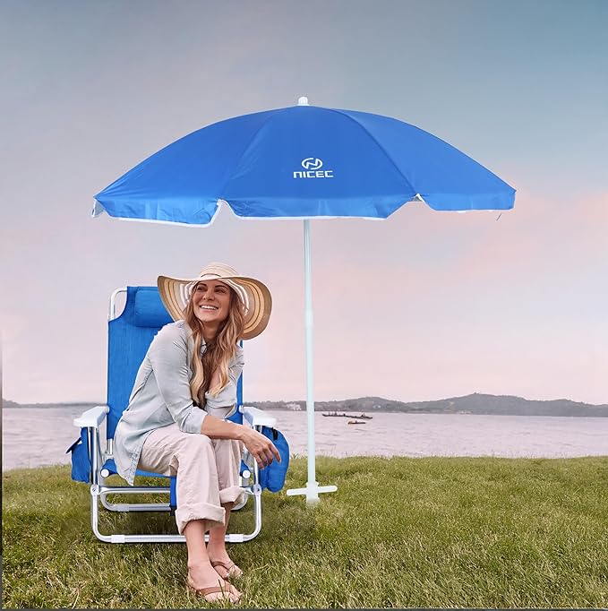 Nice C Blue Backpack Beach Chair with Cooler and Umbrella 5 Position Reclining Beach Chair for Adults with Cup Holder Canopy Shade Cooler Bag for Outdoor Camping Travel Picnic (1 Pack)