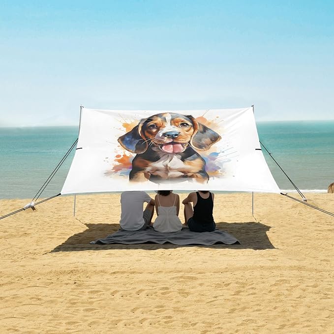 ALAZA Beagles Dog Puppy Beach Tent Sun Shelter UPF50+ Protection Beach Shade Canopy w/ 4 Sandbags for Outdoor Camping Fishing Backyard Fun Picnic 10x9 ft