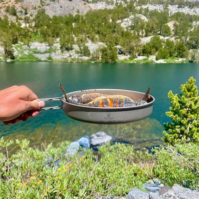 SILVERANT Camping Plate Titanium Pan Dish Plate with Handle &amp Mesh Bag Large Reuseable Ultralight Dinner Plate for Camping Outdoors Backpacking (1000ML)