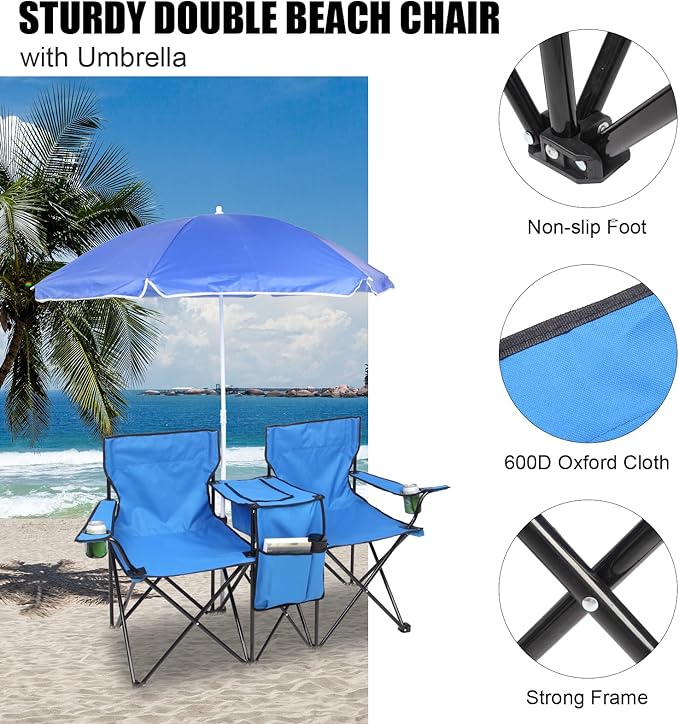 Outvita Folding Double Camping Chair w/Umbrella Beverage Holder Carrying Bag Cooler Fold Up Table Large Bearing Capacity for Beach Patio Pool Park Outdoor Blue