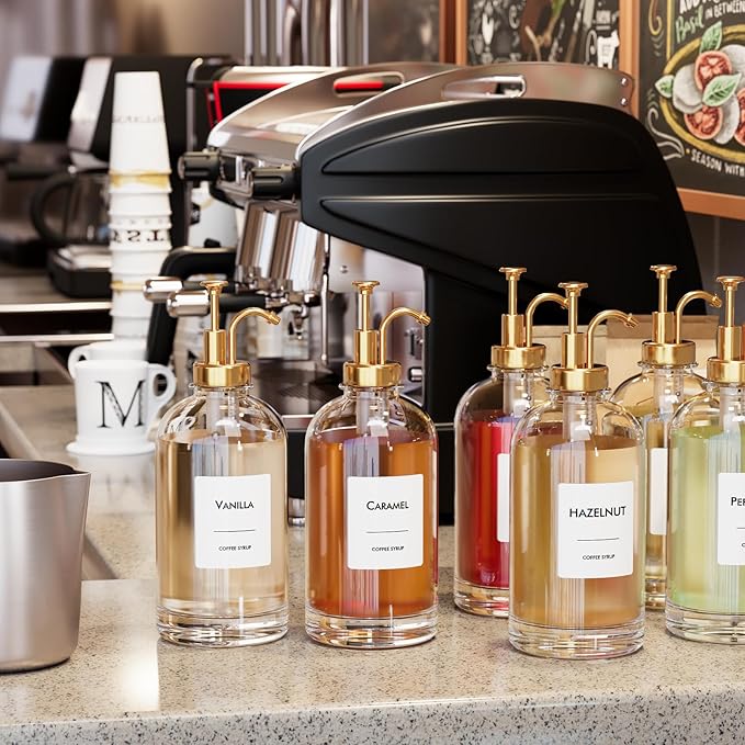 16.9 oz/500 ml Coffee Syrup Dispenser Set - 6 Glass Bottles with Gold Pumper and Syrup Labels - Precise Dispensing and Stylish Addition to Coffee Shop Cafe or Home Bar
