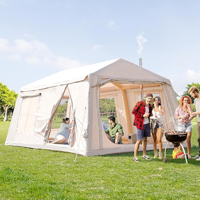 Inflatable Tent for Camping Waterproof Oxford Large Blow Up Hot Tent with Pump Easy Setup Inflatable Glamping House Air Tent for Family 4/6/8/10/12 People