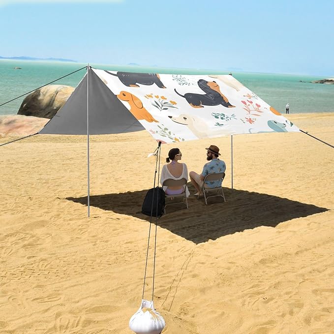 Bolaz Beach Canopy Tent Sun Shade9'×10.5' Large Family Beach Shade UPF50+- Outdoor Shade for Camping Trips FishingFloral Dachshund Pattern