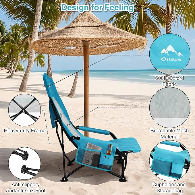 Oileus Folding Portable Beach Chair High-Back Low-Seat Lightweight Chair for Beach Tents Shelters and Camping Full Mesh Backrest | Cup Holder | Storage Bag | Carrying Bag | 2 Armrests