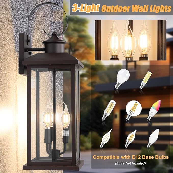 3-Light Large Outdoor Wall Light 2-Pack 24 Bronze Modern Extra Exterior Lighting Fixture Waterproof Porch Sconce Wall Mount Outside Lamp for Front Door Farmhouse