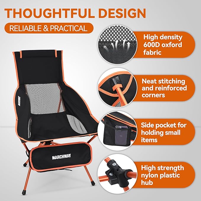 MARCHWAY Lightweight Folding High Back Camping Chair with Head Support Stable Portable Compact for Outdoor Camp Travel Beach Picnic Festival Hiking Backpacking (Highback Orange)