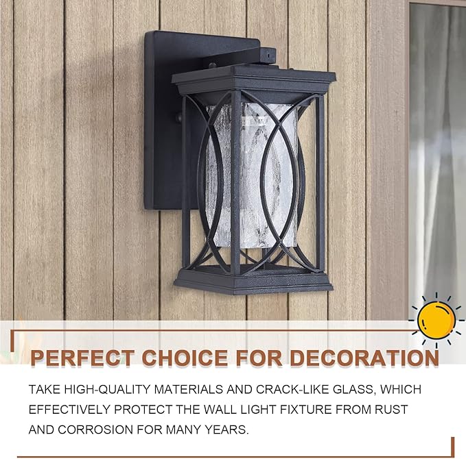 Dusk to Dawn Outdoor Wall Lanterns Small Modern Exterior Light Fixture Aluminum with Crack-Like Glass UL and IP65 Waterproof Wall Sconce Outdoor Wall Light for Porch Garage Front Door Black