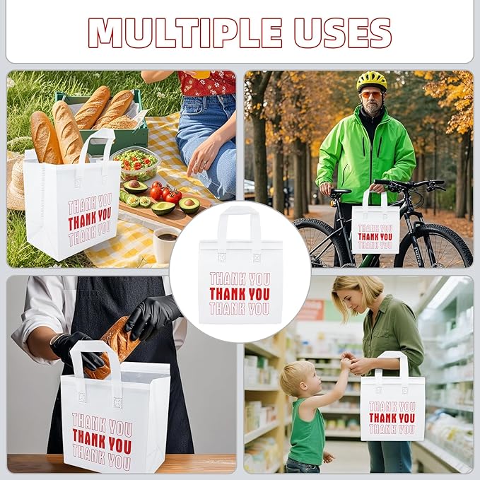 110 Pcs Insulated Take out Bags Bulk Thermal Insulation Take Away Bags 9.4 x 9. 4 x 5.9 Inch for Grocery Lunch Coffee Milk Tea Hot Cold Food Seafood Coffee Pizza Delivery Bags (White)