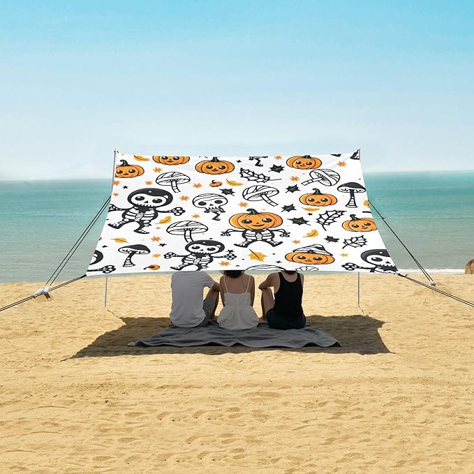 ALAZA Cute Pumpkin Skull Halloween Beach Tent Sun Shelter UPF50+ Protection Beach Shade Canopy w/ 4 Sandbags for Outdoor Camping Fishing Backyard Fun Picnic 10x9 ft