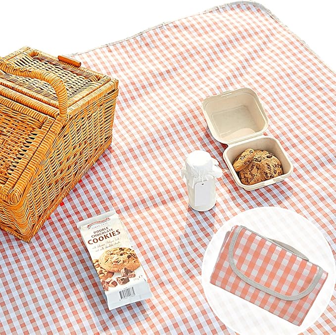 Cute Gingham Picnic Blanket Waterproof Foldable in Large 80x60in and Extra Large 80x80in Portable Compact Beach Blanket Oversized XL Outdoor Mat (Coral Pink X-Large)