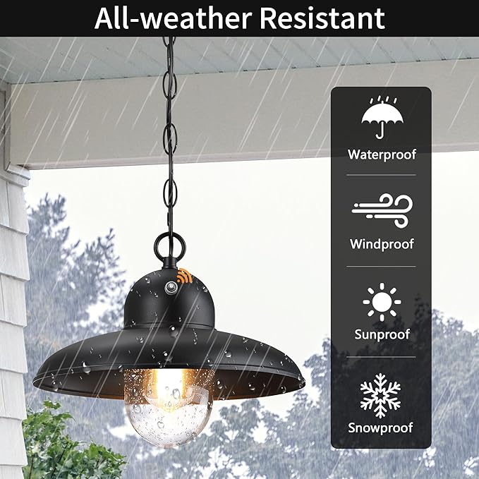 Dusk to Dawn Outdoor Pendant Lights for Porch 12 Outdoor Farmhouse Hanging Light Fixture with Adjustable Chain and Bubble Glass Black Rustic Exterior Pendant Light for Front Door Gazebo