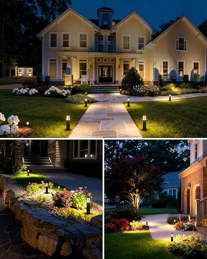 SUNVIE 12-Pack Low Voltage Landscape Lighting Kit LED Bollard Pathway Lights Wired with Spotlights for Garden Path Yard Patio Cast-Aluminum IP65 Waterproof 12-24V AC/DC 3000K Warm White Black