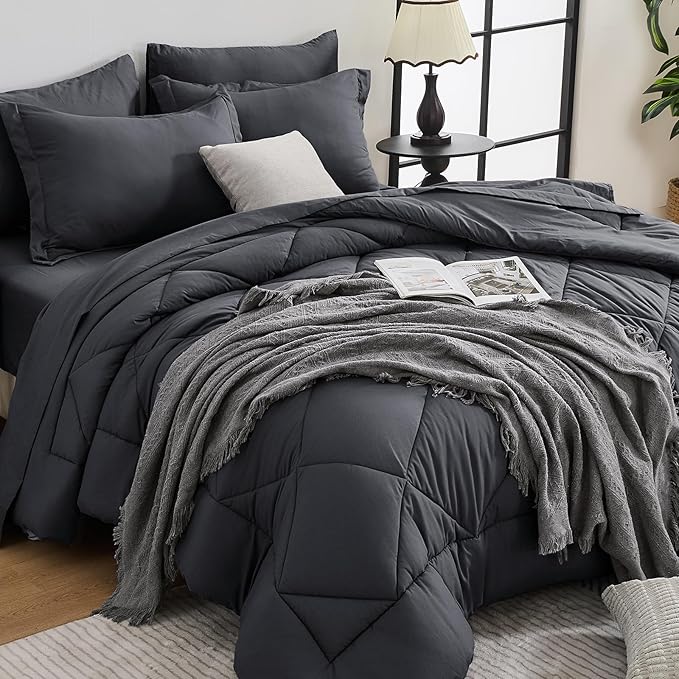 HEVUMYI 120x98 Oversized King Comforter Set Dark Grey- 7-Piece All Season Bed in a Bag Oversized King Soft Bedding Set with Comforter Flat Sheet Deep Pocket Fitted Sheet Pillowcases Pillow Shams
