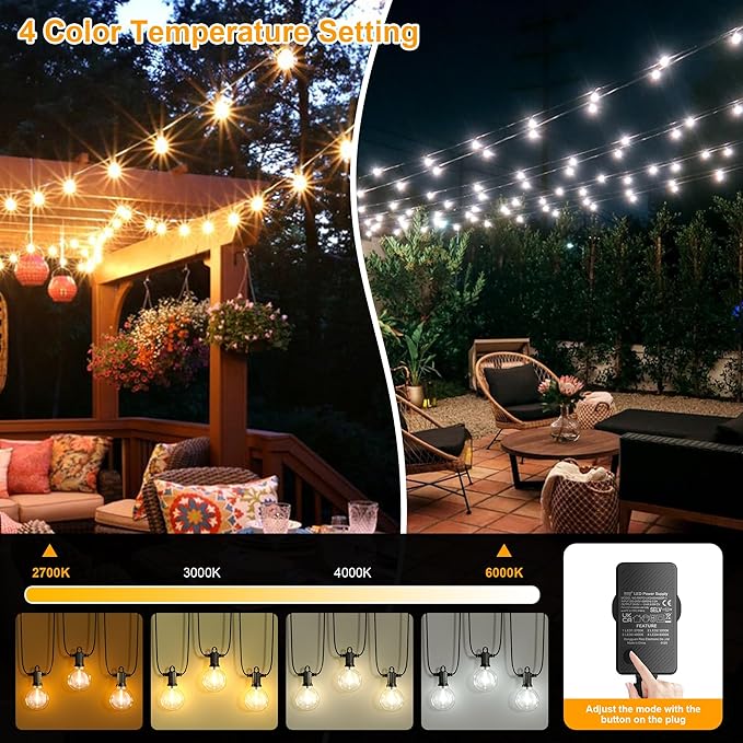 Outdoor String Lights 100FT 4-Color LED Patio Lights with 50 Shatterproof G40 Globe Bulbs Waterproof Hanging Lights for Outside Backyard Porch Balcony Gazebo 2700K/3000K/4000K/6000K