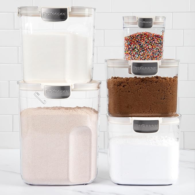 ProKeeper+ Airtight Food Storage Container Set – Clear Plastic Flour and Sugar Canister Set with Magnetic Accessories for Kitchen Organization (White 9-Piece)