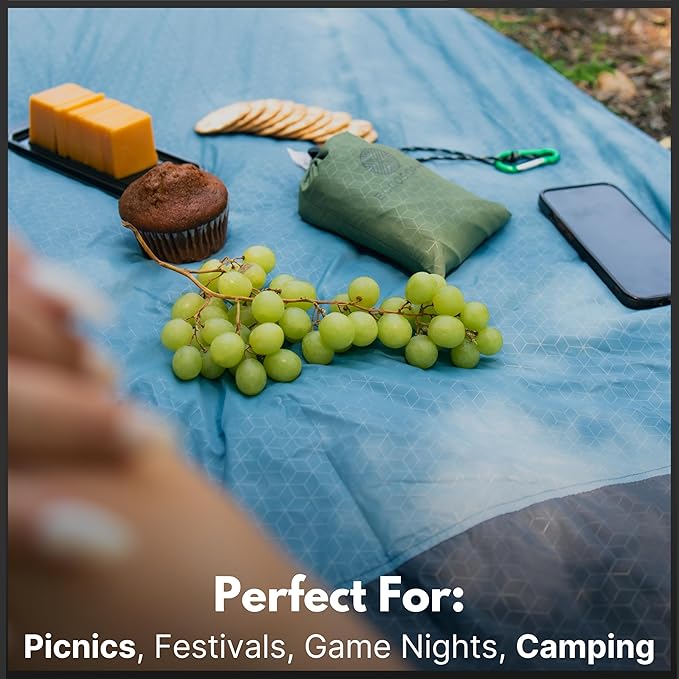 ECCOSOPHY Sand Proof Beach Blanket - Waterproof Picnic Blanket 60x55-Outdoor Compact Pocket Blanket-Lightweight Ground Cover for Hiking Camping Festivals Sports Travel-with Bag &amp Stakes (Denim
