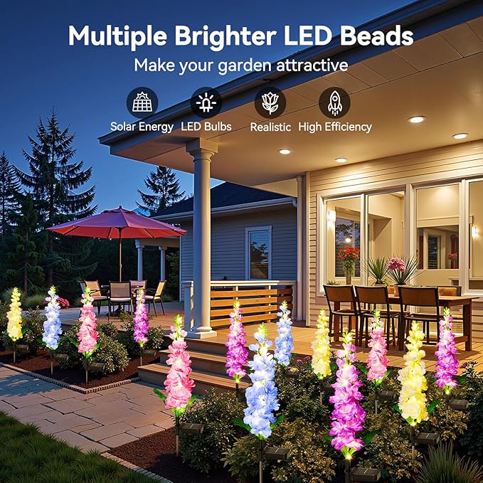 KOOPER Solar Lights Outdoor Garden Decor 8 Pack Upgraded Delphinium Solar Garden Lights with 72 LEDs Vivid Flowers Outdoor Waterproof for Landscape Patio Yard Decor