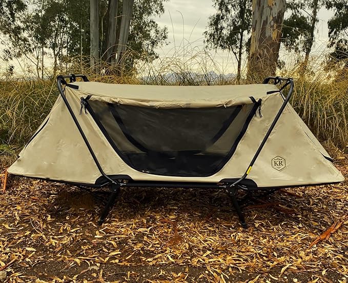 Kamp-Rite Anniversary Series 1 Person Tent cot with 20 Degree Outfitter Sleeping Bag and Self Inflating Sleeping pad for Camping Hunting Fishing 3 Piece Bundle Package (Tan)
