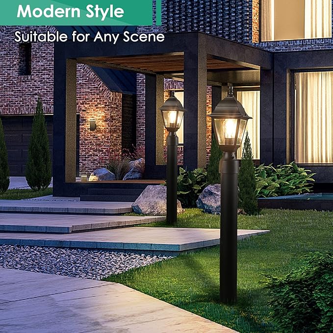 FOLKSMATE Dusk to Dawn Outdoor Post Lights 2-Pack Waterproof Outside Post Lamps with Pier Mount Exterior Pole Lantern with Clear Glass Matte Black Light Fixture for Patio Garden Walkway