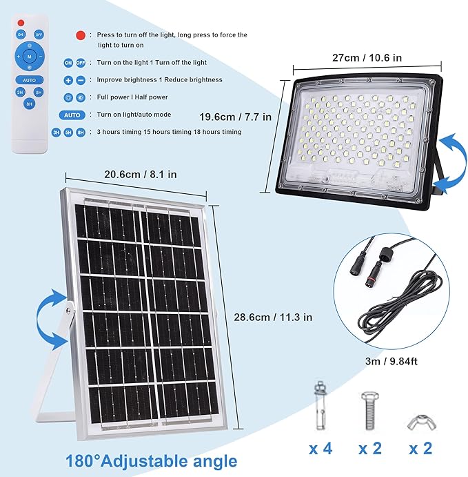 100W LED Solar Flood Lights 10000MAH Flood Light Outdoor IP66 Waterproof with Remote Control Security Lighting for Parking Lot Yard Garden Swimming Pool Pathway