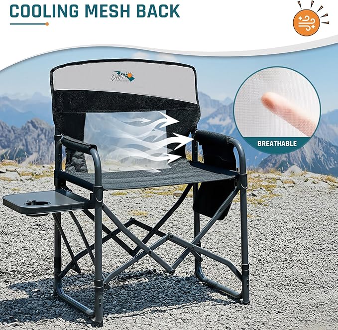 Camping Chairs for Adults Directors Chair with Side Table 1-Step Setup Mesh Backrest Folding Lawn Chairs with Pocket Foldable Camp Chair for Outdoor Picnic Sports and Fishing Black