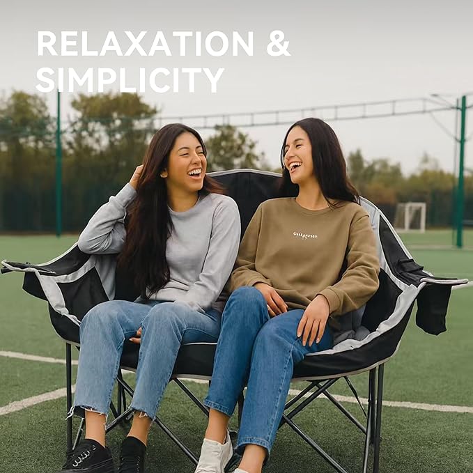 Double Camping Chair with Cooler Oversized Heavy Duty Loveseat for Adults Portable Folding 2 Person Camp Couch Padded Comfortable Two Seat for Outdoor Beach Lawn Tailgating Sports (Black Grey)