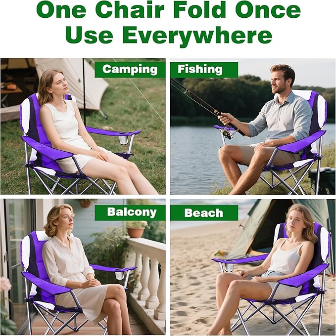 Camabel Folding Camping Chairs 400lbs Extra Large Outdoor Lawn Chair Padded Sports Lightweight Portable Chairs for Beach Hiking Fishing Picnic BBQ with Cup Holder and Storage Bag Purple