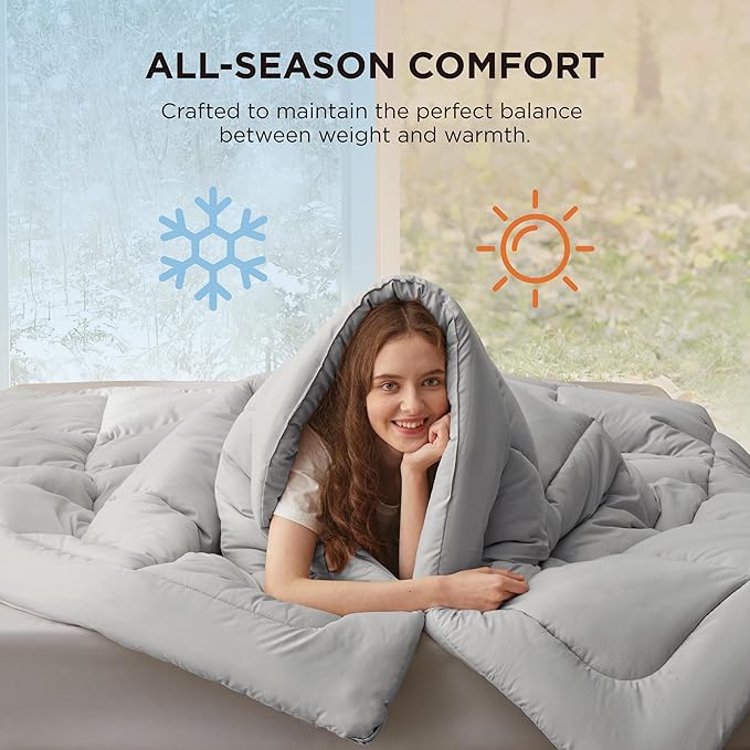 Bedsure Comforter Duvet Insert - Quilted Comforters Queen Plus Size All Season Duvet GentleSoft Down Alternative Bedding with 8 Tabs Gifts for Women/MenLight GreyQueen Plus 90 x 90 Inches