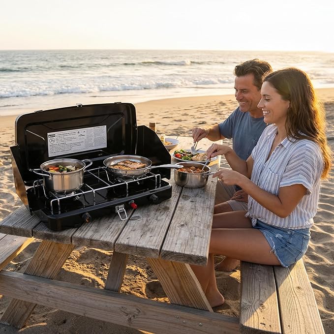 Camping Stove 2 Burners Propane Portable Camp Stove with Regulator Push-Button Instant Ignition Adjustable Burners &amp Wind Guards for Car BBQ Picnics Outdoor Cooking