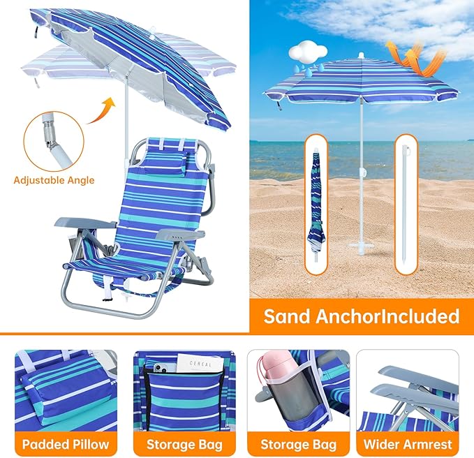 Kids Beach Chair Blue Striped 5-Position Reclining Aluminum Frame Backpack-Foldable Umbrella with Sand Anchor Cup Holder Storage Pocket Perfect for Kids (1-Pack)
