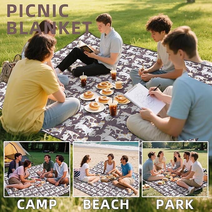 Double Thickened Picnic Blanket 80x80 Inches White Fish Pattern Cotton Filled Portable Foldable with Leather Carry Strap Beach and Camping