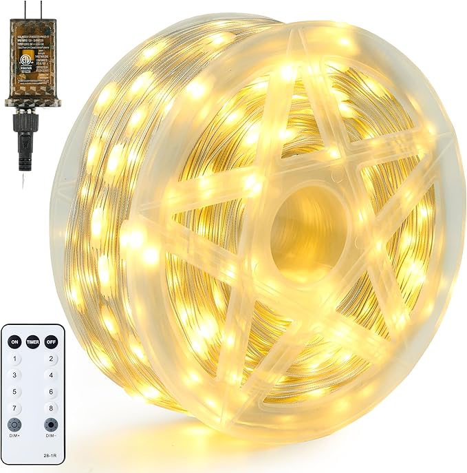 Joiedomi 600 LED Christmas Lights Outdoor197 FT Warm White Christmas Tree Lights with 8 Modes Timer PVC Clear Wire String Lights with Reel for Indoor Outdoor Holiday Xmas Eve Night Decorations
