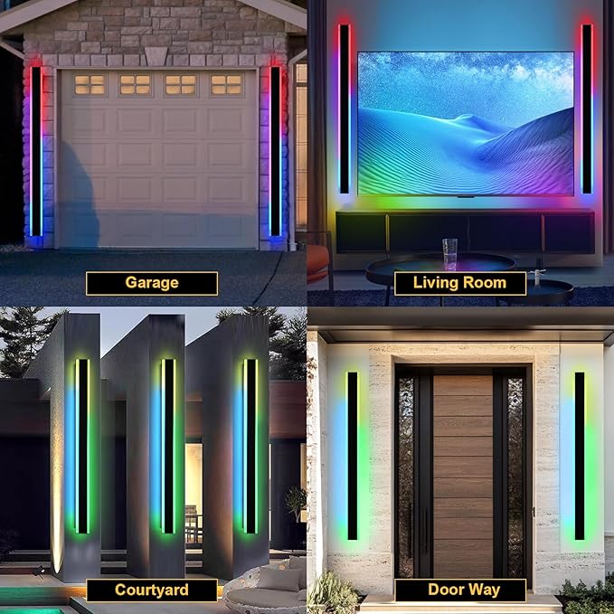 WINSEHN 2-Pack 60-Inch Long Linear Outdoor RGB Wall Light Fixtures 36W IP65 Waterproof Exterior Wall Mounted Entrance Lighting for Garage Porch House Remote Control Included
