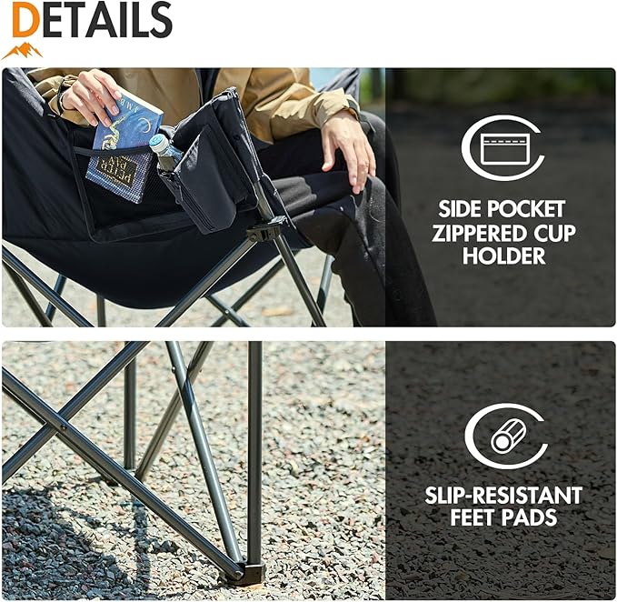 Portal Oversized Padded Camping Chair - Heavy Duty Folding Chair with Cup Holder &amp Side Pocket Supports 330 lbs for Camping Lawn Sports Black