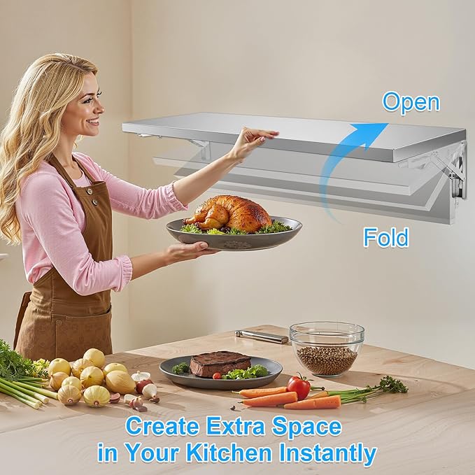 36-Inch Stainless Steel Folding Concession Shelf Wall-Mounted Floating Shelf with 35Kg Load Capacity Commercial Serving Shelf for Kitchen Restaurant Food Truck