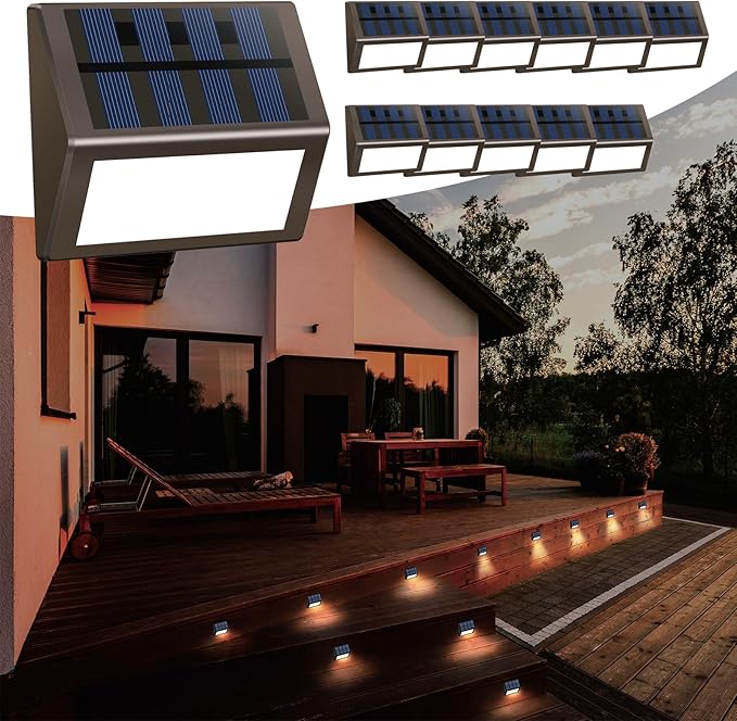 Luminara Solar Step Lights - Weatherproof Outdoor Stair Lighting Solar-Powered Deck Lights for Patio Garden Pathway Warm White Glow (12)