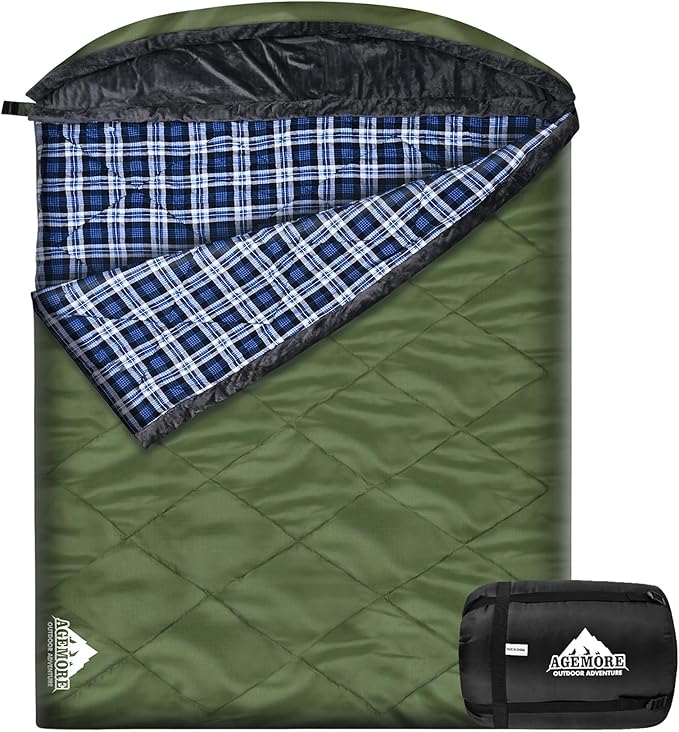 AGEMORE Cotton Flannel Double Sleeping Bag with Fleece Lined Hood Waterproof Queen Size 2 Person Sleeping Bag for Adults Cold Weather Camping Backpacking or Hiking 3-4season