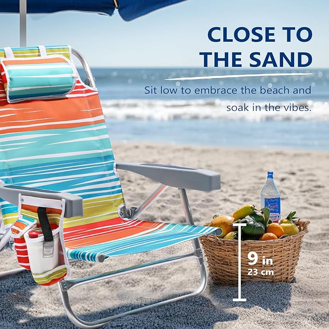 5-Position Aluminum Lay Flat Backpack Beach Chair 2 Pack Compact Portable Low Beach Chairs for Adults Beach Chair with Cooler Pouch Storage Pouch Towel Bar Cup Holder Multicolor Stripe 2 Pack