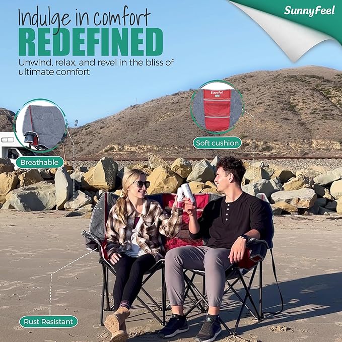 SUNNYFEEL Folding Double Camping Chair Oversized Loveseat Chair Heavy Duty Portable/Foldable Lawn Chair with Storage for Outside/Outdoor/Travel/Picnic Fold Up Camp Chairs for Adults 2 People