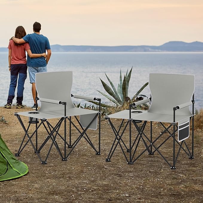Goplus Oversized Camping Chair with Side Table Folding Heavy-Duty Picnic Chair w/ 2 Storage Pockets Cup Holder Padded Armrests Carrying Bag Portable Outdoor Chair for Fishing RV Trip (Gray2)