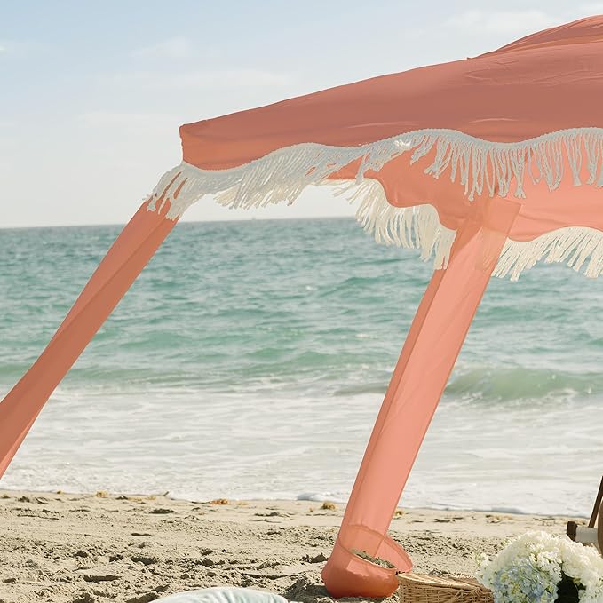 AMMSUN Beach Cabana with Fringe 6.5' x 6.5' Boho Beach Canopy with Tassels Easy Set up &amp Premium Wood Pole Cabana Tent with Sand Pockets Instant Sun Shade for Sand Garden Patio Coral Pink