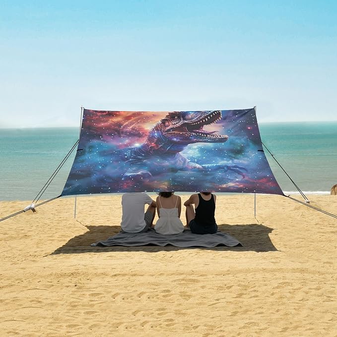 ALAZA T-rex Dinosaur Tyrannosaurus Dino Nebula Beach Tent Sun Shelter UPF50+ Protection Beach Shade Canopy w/ 4 Sandbags for Outdoor Camping Fishing Backyard Fun Picnic 10x9 ft