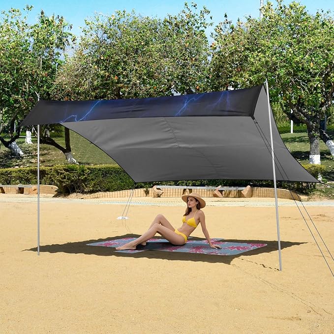 Blue Lightning Black Beach Tent Sun Shelter 9.2' x 10.5' Beach Canopy with 4 Sandbags 4 Stability Poles Sand Shovels - Tent Canopy for Beach Camping Fishing Picnics